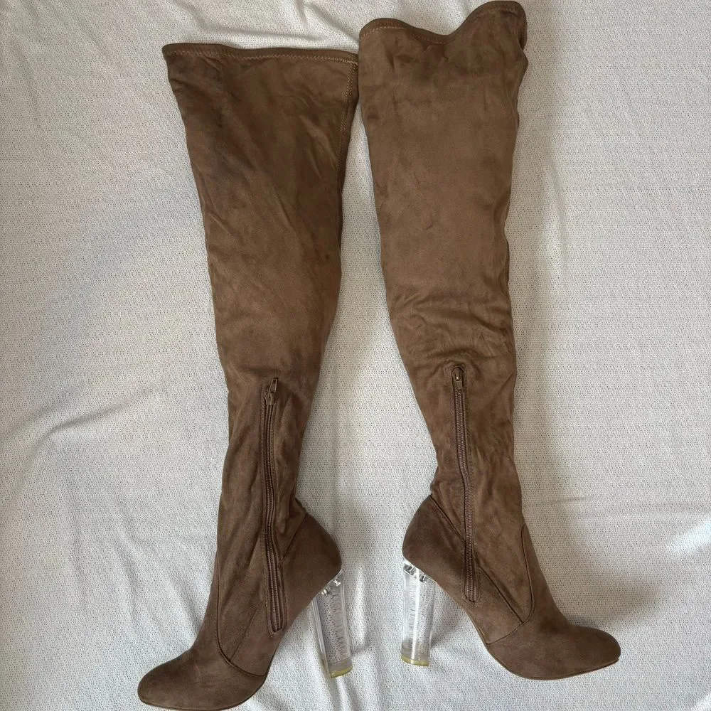 Wild Diva Lounge Over the Knee High Clear Lucite Heel Sexy Boots Women's 7 Brown - Picture 5 of 10